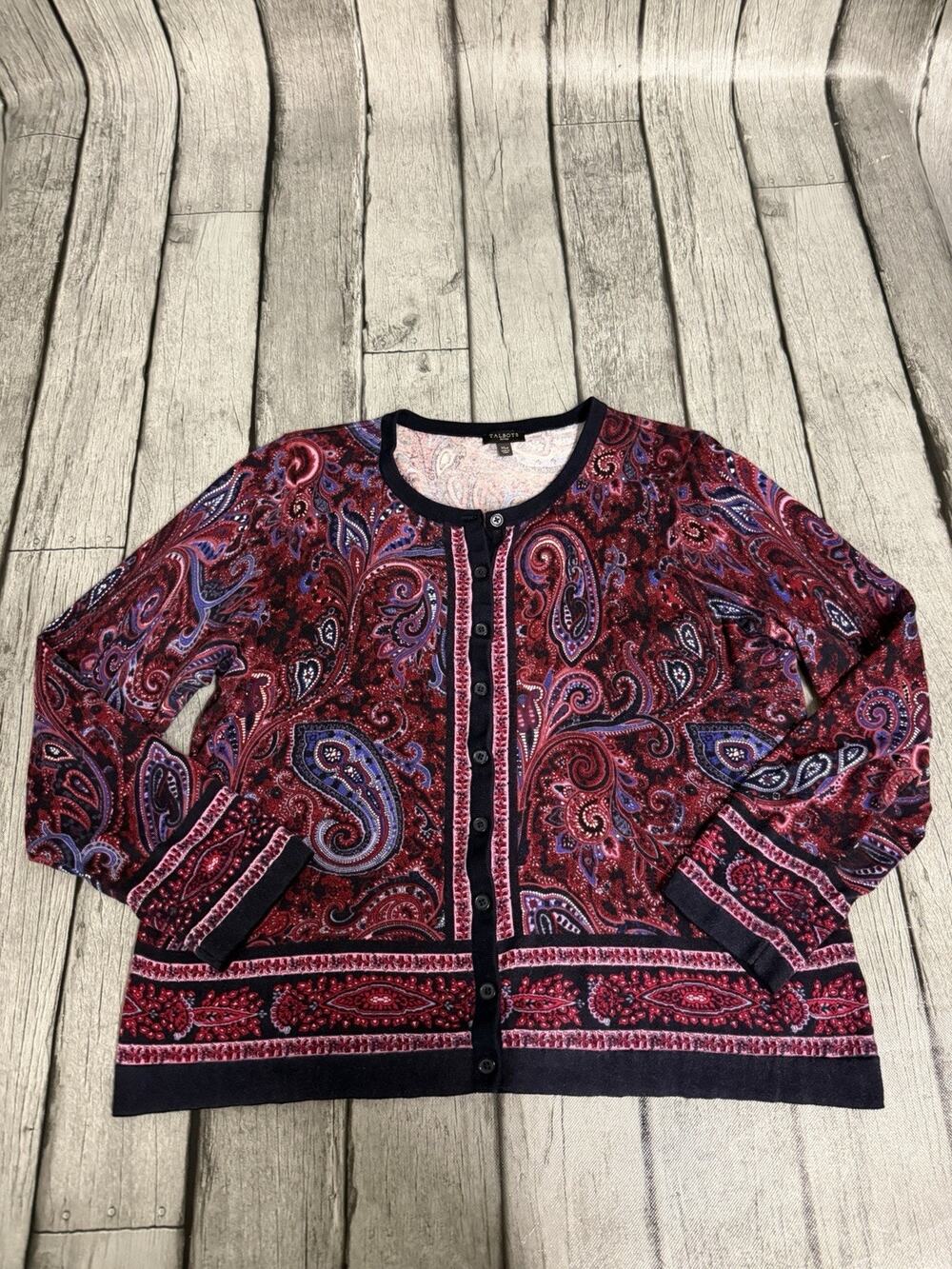 Women’s Talbots Petite Paisley Print Cardigan Purple Navy LS Button Front Sz XL